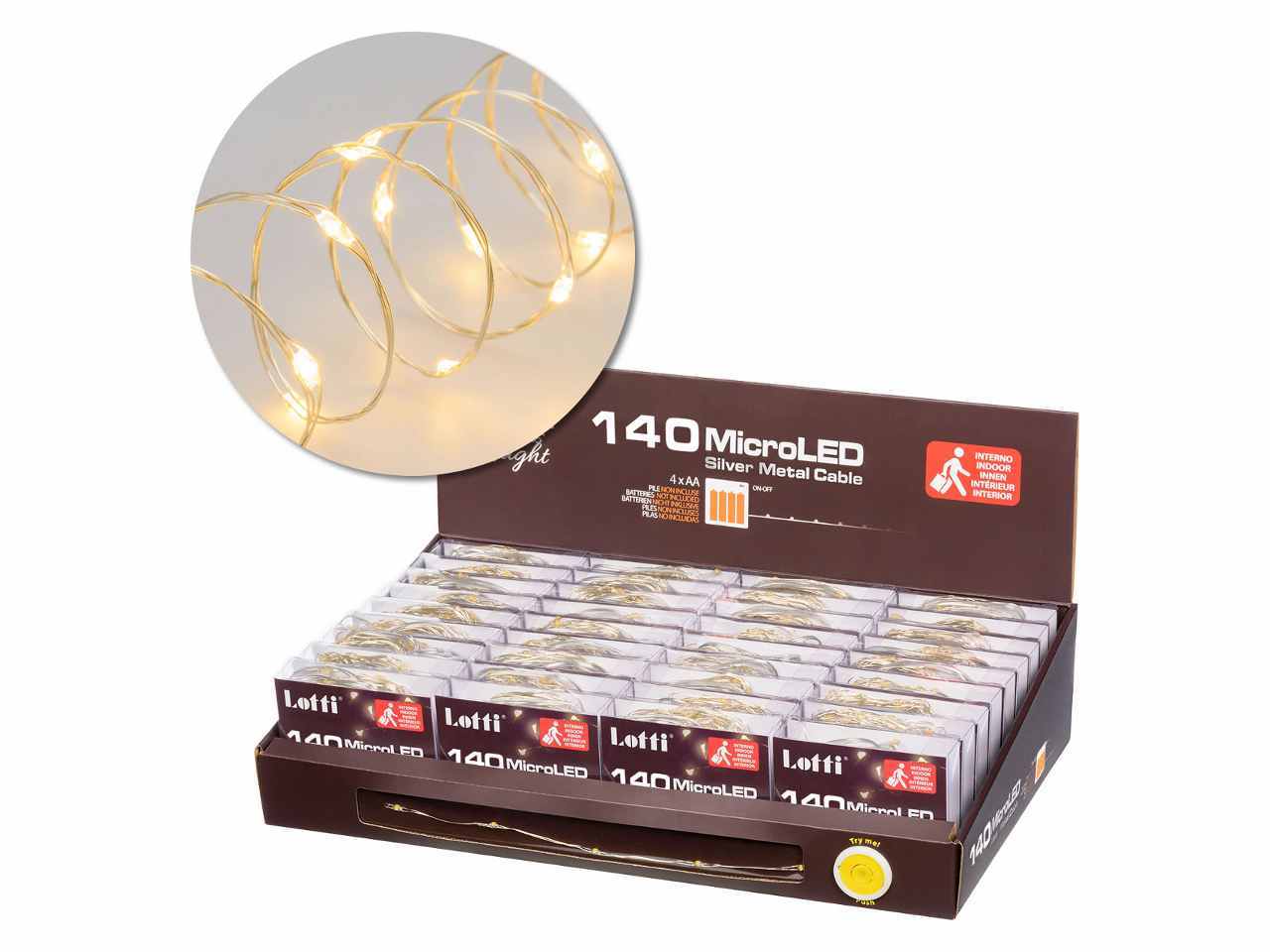 Luci con filo in metallo argento 14mt, 140 micro led bianco caldo, luce fissa, a batteria 4xAA 1,5V non incluse