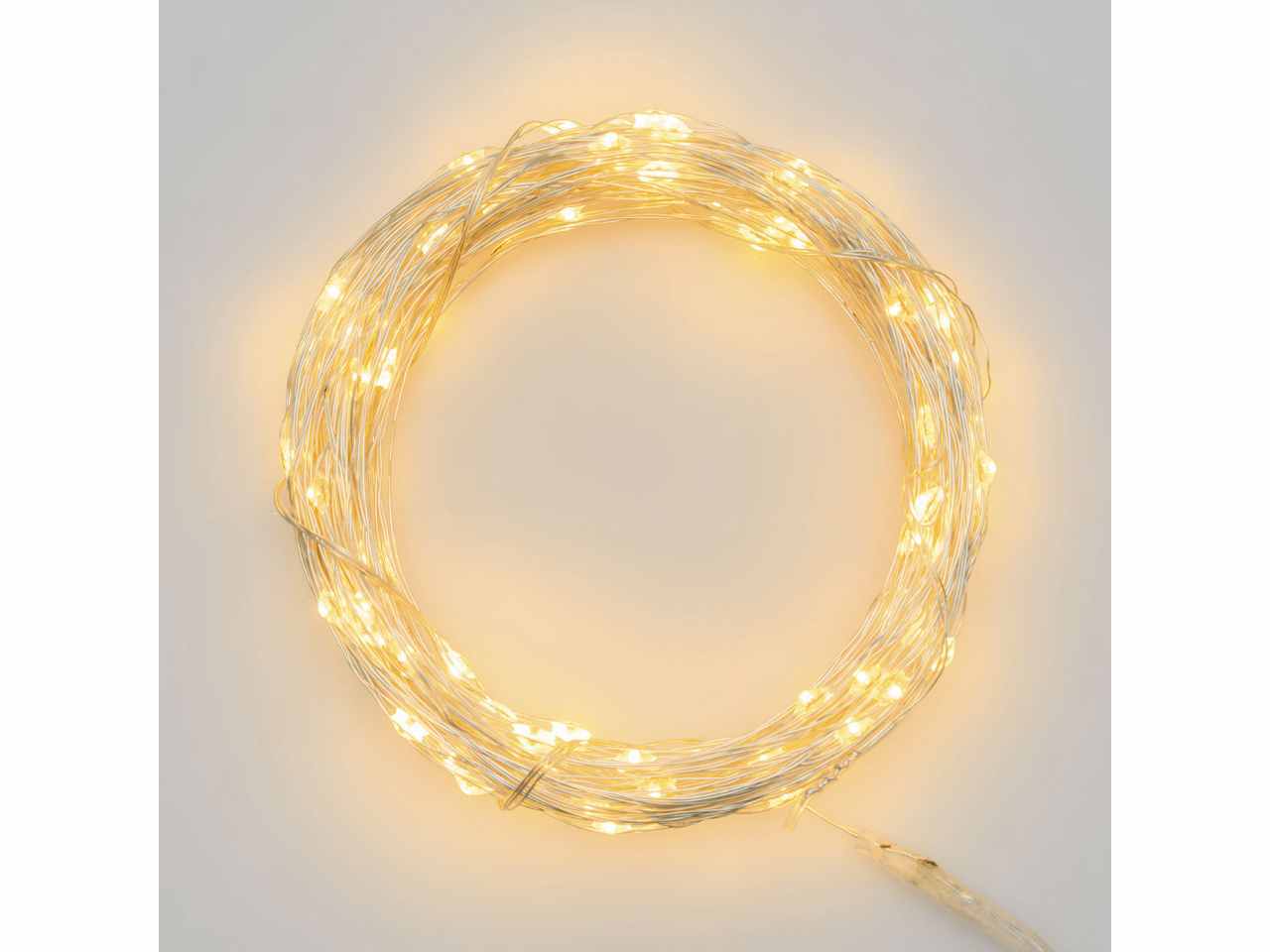 Luci con filo in metallo argento 14mt, 140 micro led bianco caldo, luce fissa, a batteria 4xAA 1,5V non incluse