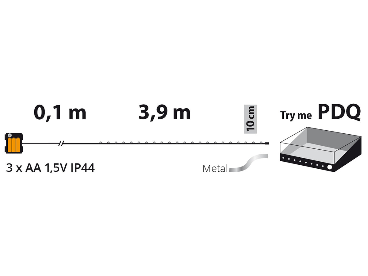 Filo metallo argento 4mt con 40micro led bianco caldo, giochi di luce a batteria 3xAA1,5V (non incluse) per uso interno/esterno IP44
