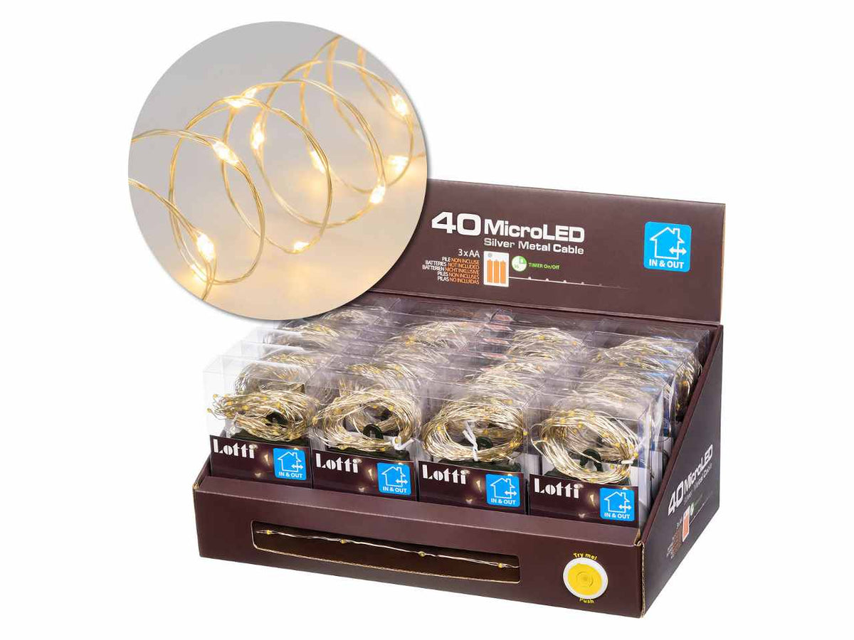 Filo metallo argento 4mt con 40micro led bianco caldo, giochi di luce a batteria 3xAA1,5V (non incluse) per uso interno/esterno IP44