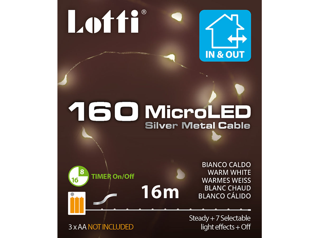 Luci con filo in metallo argento 16mt, 160 micro led bianco caldo, giochi di luce, a batteria 3xAA 1,5V non incluse, uso interno/esterno IP44