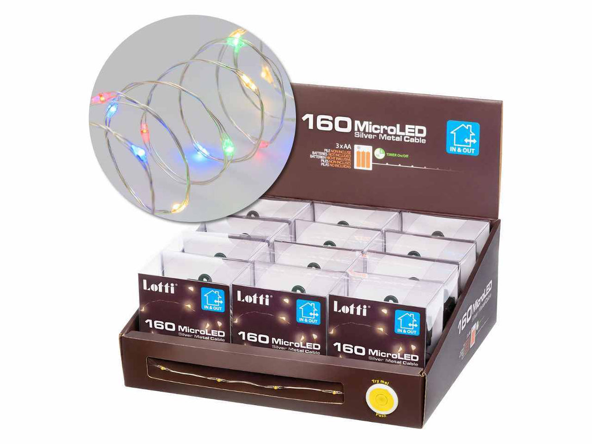 Filo metallo argento 16mt con 160micro led multicolor, giochi di luce a batteria 3xAA1,5V (non incluse) per uso interno/esterno IP44