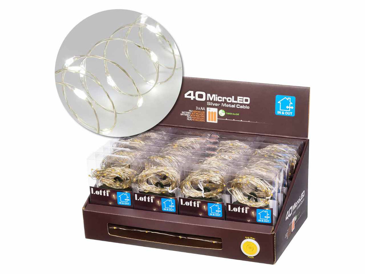 Filo metallo argento 4mt con 40micro led bianco freddo, giochi di luce a batteria 3xAA1,5V (non incluse) per uso interno/esterno IP44