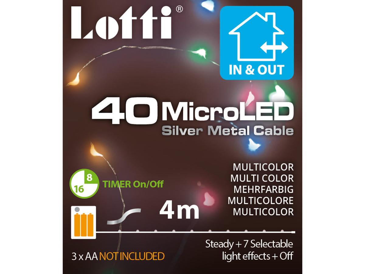 Luci in filo metallico a batteria multicolor in metallo 40 mini led uso interno ed esterno filo argento a batteria