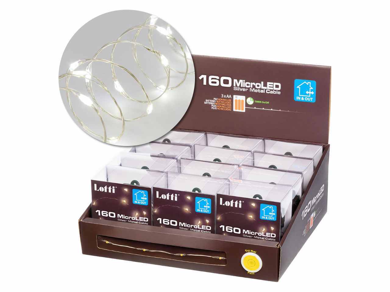 Filo metallo argento 16mt con 160micro led freddo, giochi di luce a batteria 3xAA1,5V (non incluse) per uso interno/esterno IP44