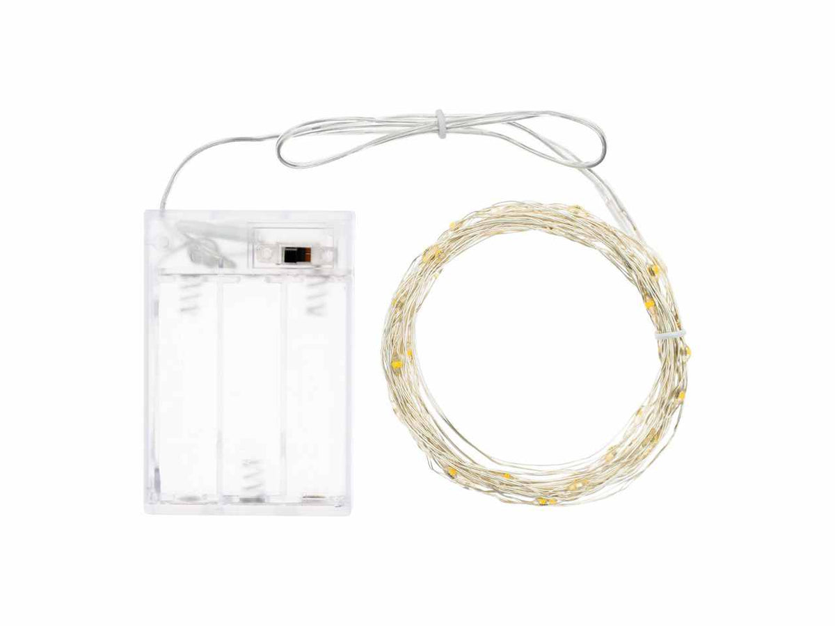 Luci con filo in metallo argento 4mt, 40 micro led bianco caldo, luce fissa, a batteria 3xAA 1,5V non incluse