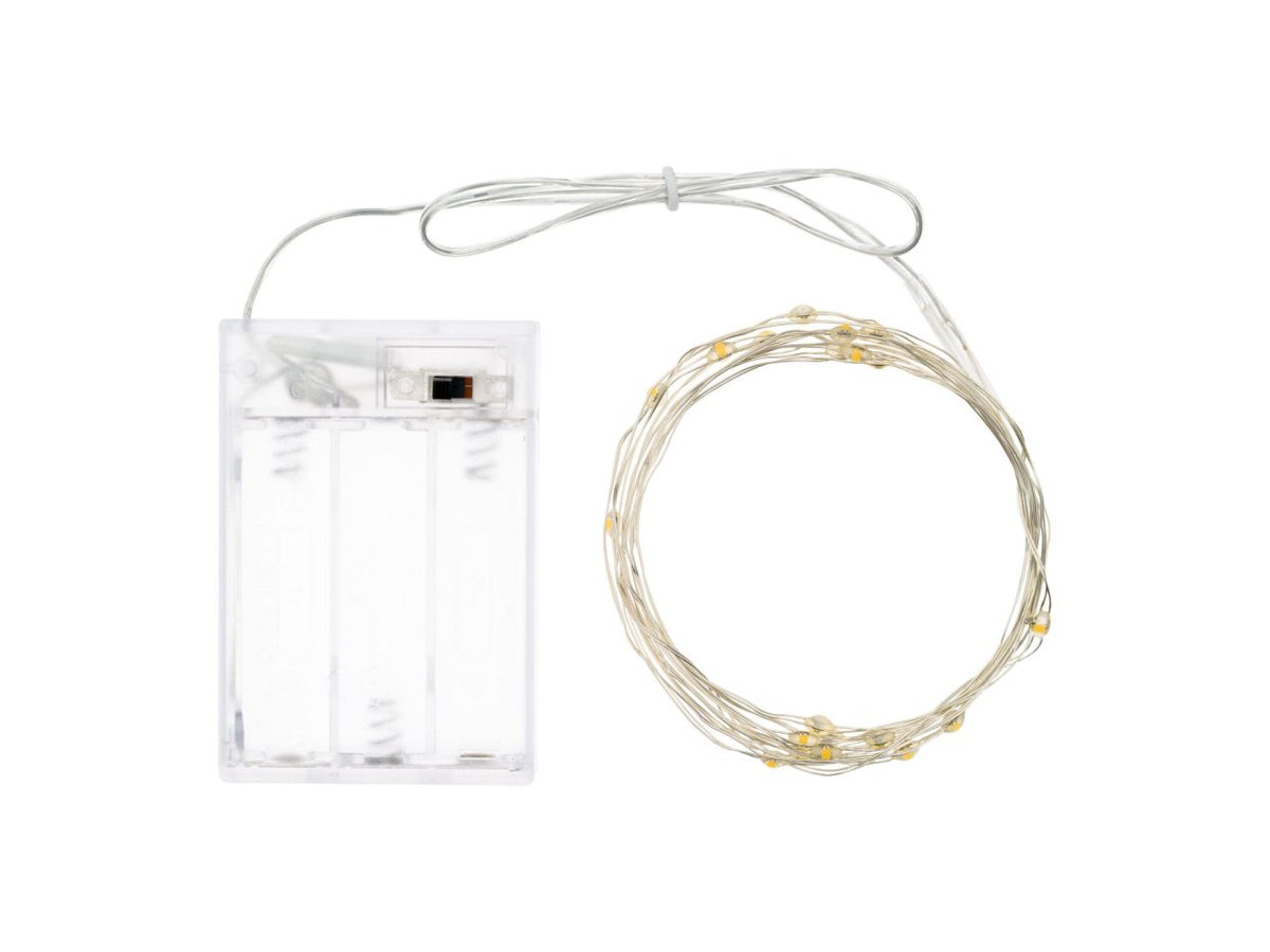 Luci con filo in metallo argento 2mt, 20 micro led bianco caldo, luce fissa, a batteria 3xAA 1,5V non incluse