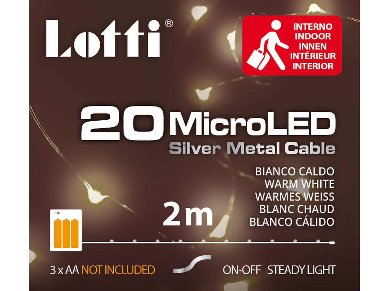 Luci con filo in metallo argento 2mt, 20 micro led bianco caldo, luce fissa, a batteria 3xAA 1,5V non incluse