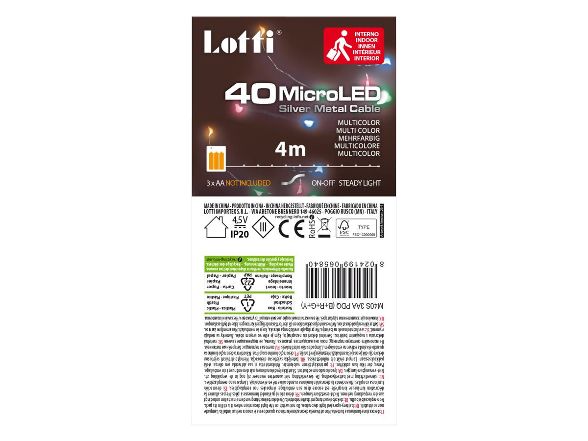 Luci con filo in metallo argento 4mt, 40 micro led multicolor, luce fissa