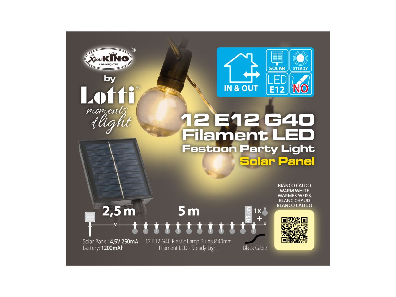 Catena di luci lineare solare misura 5m decorata party light con 12 lampadine in plastica trasparente antiurto led bianco caldo per uso esterno