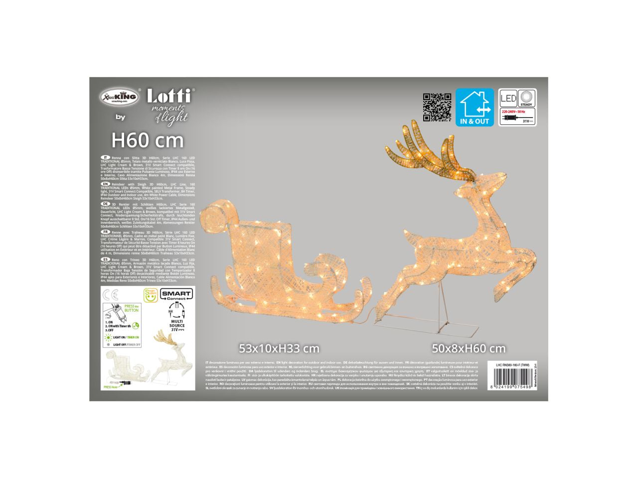Renna e slitta 3D 50x8xh.60cm (renna), 53x10xh.33cm(slitta) con 160led bianco luce fissa per uso interno/esterno IP44