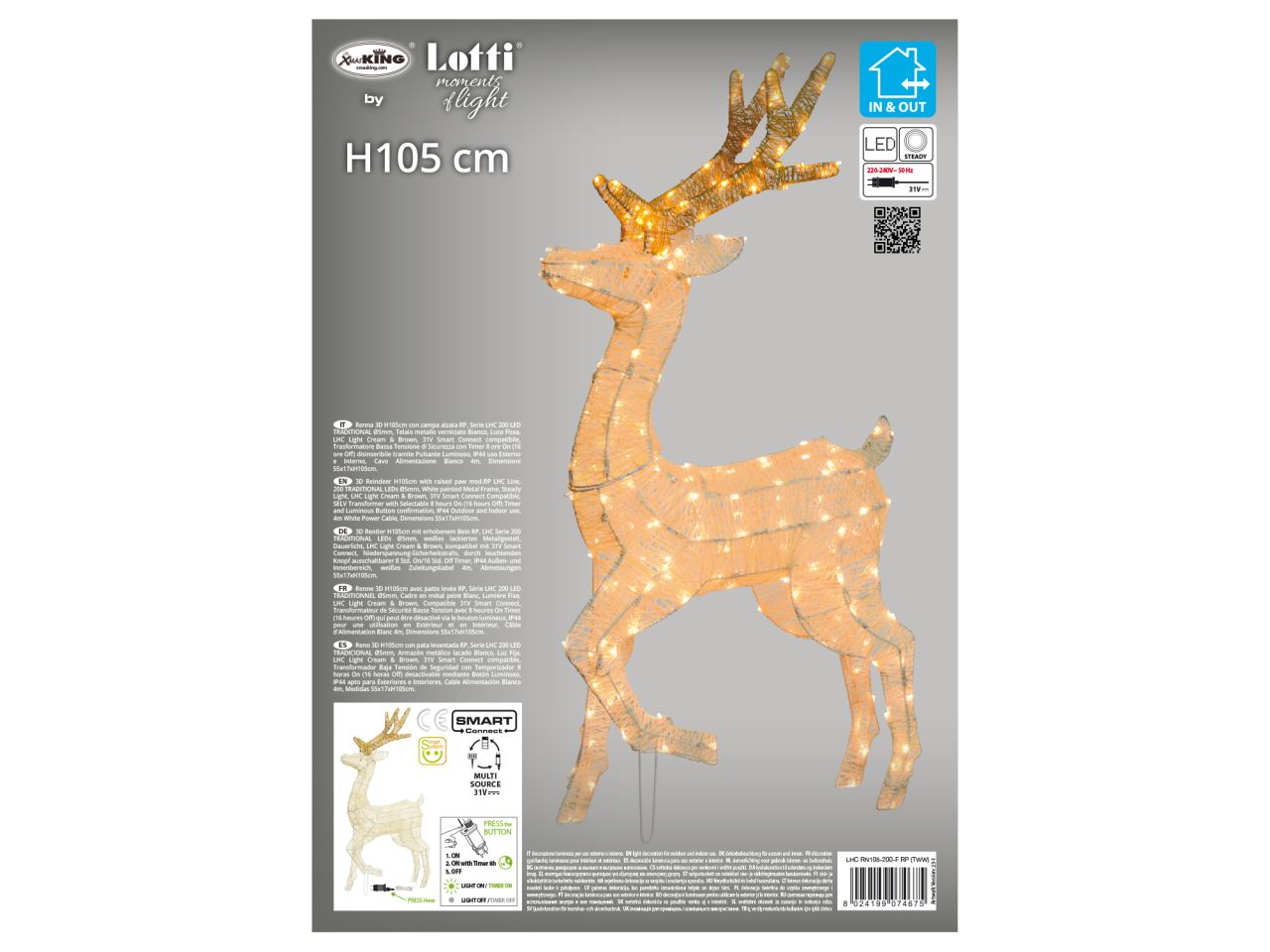 Renna 3D 55x17xh.105cm con 200led bianco luce fissa per uso interno/esterno IP44