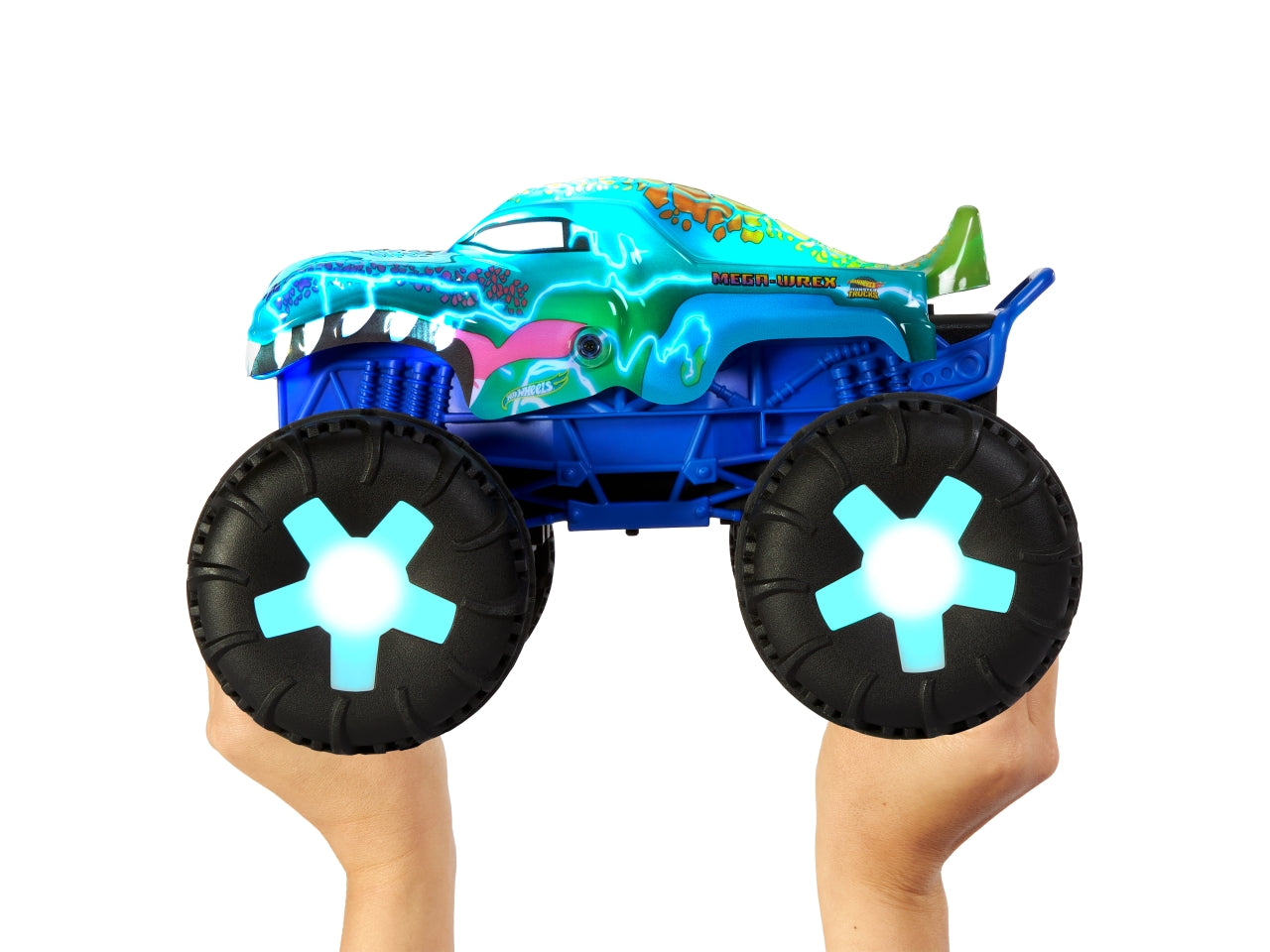 Hot Wheels Monster Trucks - Mega-Wrex oversize R/C truck radiocomandato in scala 1:15 con 3 modalità di gioco luci e suoni interattivi giocattolo per bambini 5+ anni JBD90