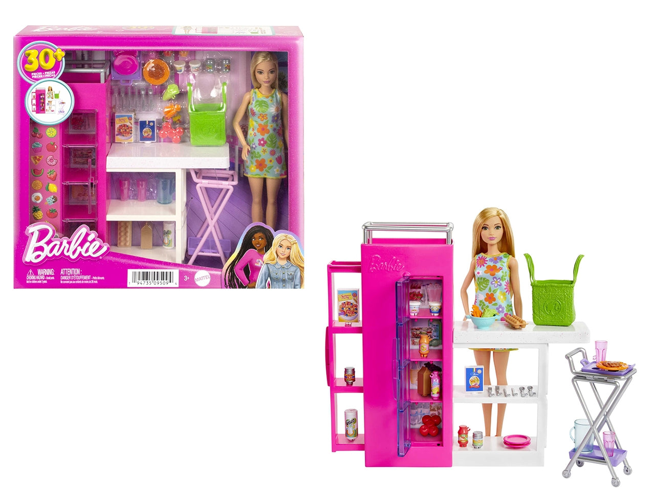Barbie - Dispensa dei Sogni, playset estensione della cucina di Barbie con bambola inclusa e 25+ accessori, mobili per casa delle bambole e adesivi a tema cibo, giocattolo per bambini, 3+ anni - Mattel