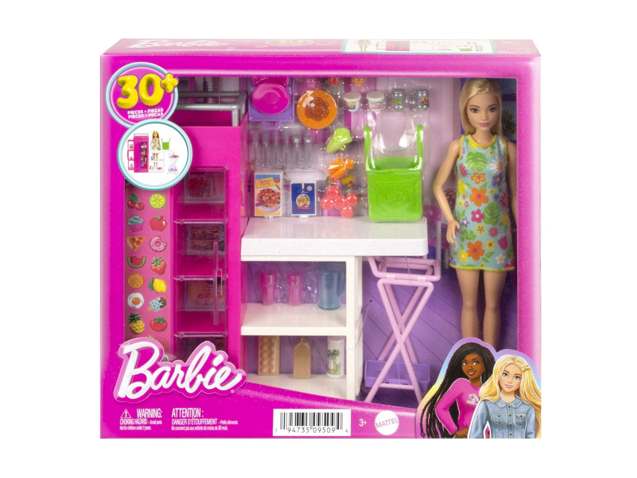 Barbie - Dispensa dei Sogni, playset estensione della cucina di Barbie con bambola inclusa e 25+ accessori, mobili per casa delle bambole e adesivi a tema cibo, giocattolo per bambini, 3+ anni - Mattel