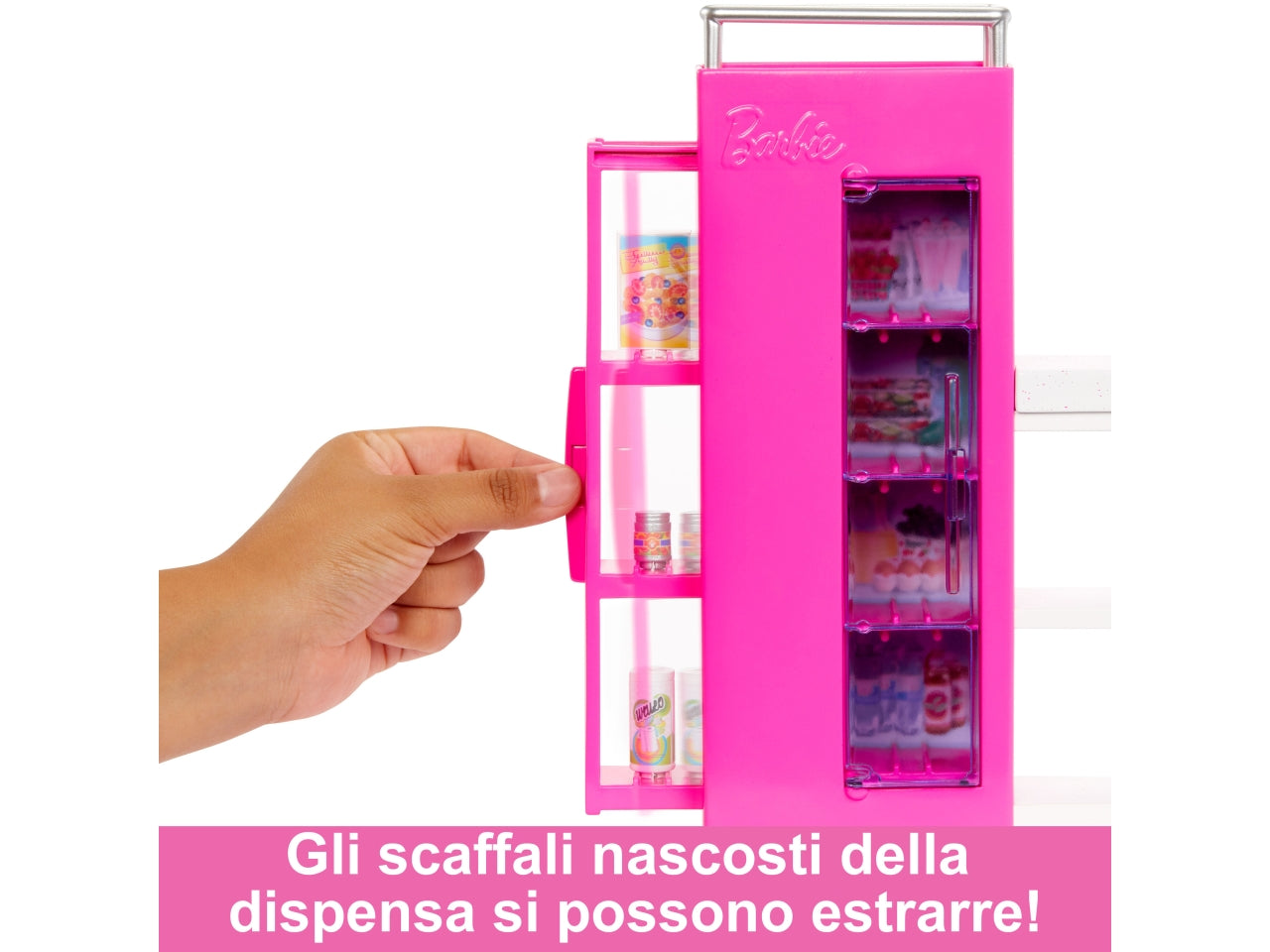 Barbie - Dispensa dei Sogni, playset estensione della cucina di Barbie con bambola inclusa e 25+ accessori, mobili per casa delle bambole e adesivi a tema cibo, giocattolo per bambini, 3+ anni - Mattel