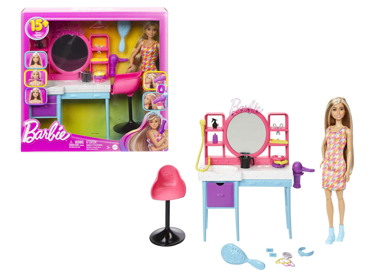 Barbie - Playset Salone di Bellezza Bambola Super Chioma, include 1 bambola con capelli lunghi cambia-colore, abito pied-de-poule e 15+ accessori per capelli, giocattolo per bambini, 3+ anni - Mattel