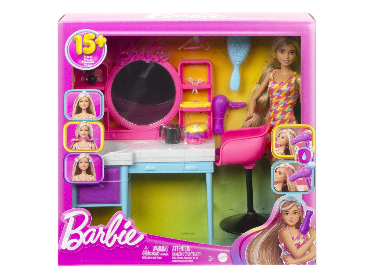 Barbie - Playset Salone di Bellezza Bambola Super Chioma, include 1 bambola con capelli lunghi cambia-colore, abito pied-de-poule e 15+ accessori per capelli, giocattolo per bambini, 3+ anni - Mattel