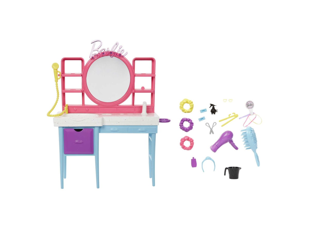 Barbie - Playset Salone di Bellezza Bambola Super Chioma, include 1 bambola con capelli lunghi cambia-colore, abito pied-de-poule e 15+ accessori per capelli, giocattolo per bambini, 3+ anni - Mattel