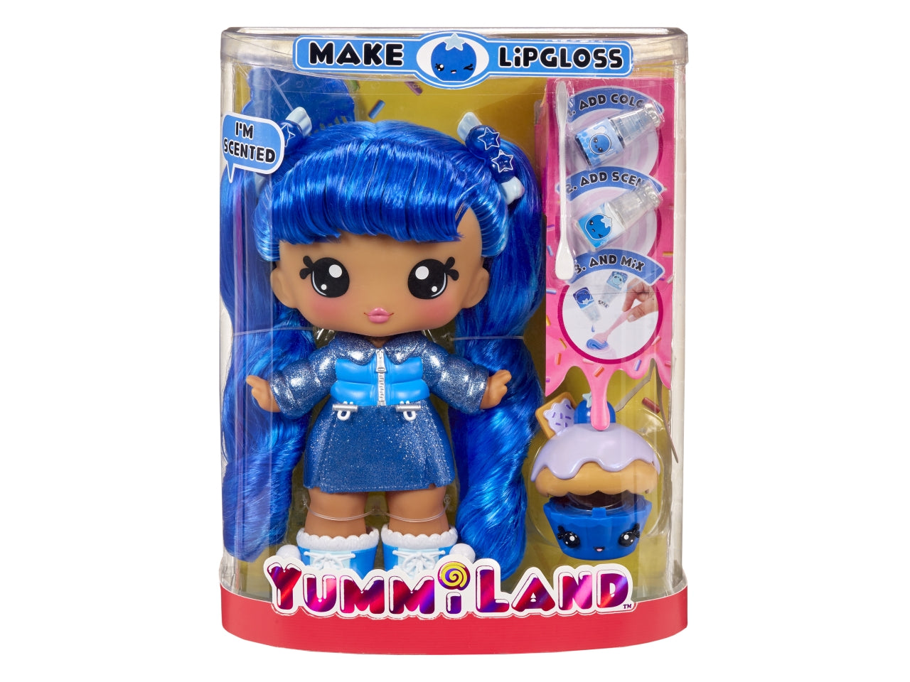 Yummiland Large Doll + Lipgloss Pet - Rory Blueberry: Bambola Blu con Lucidalabbra Personalizzabile, Pettine e Accessori, Gioco Unisex per Bambini 4+ | MGA Entertainment