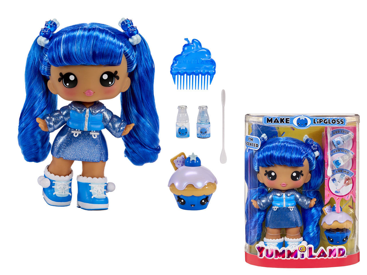 Yummiland Large Doll + Lipgloss Pet - Rory Blueberry: Bambola Blu con Lucidalabbra Personalizzabile, Pettine e Accessori, Gioco Unisex per Bambini 4+ | MGA Entertainment
