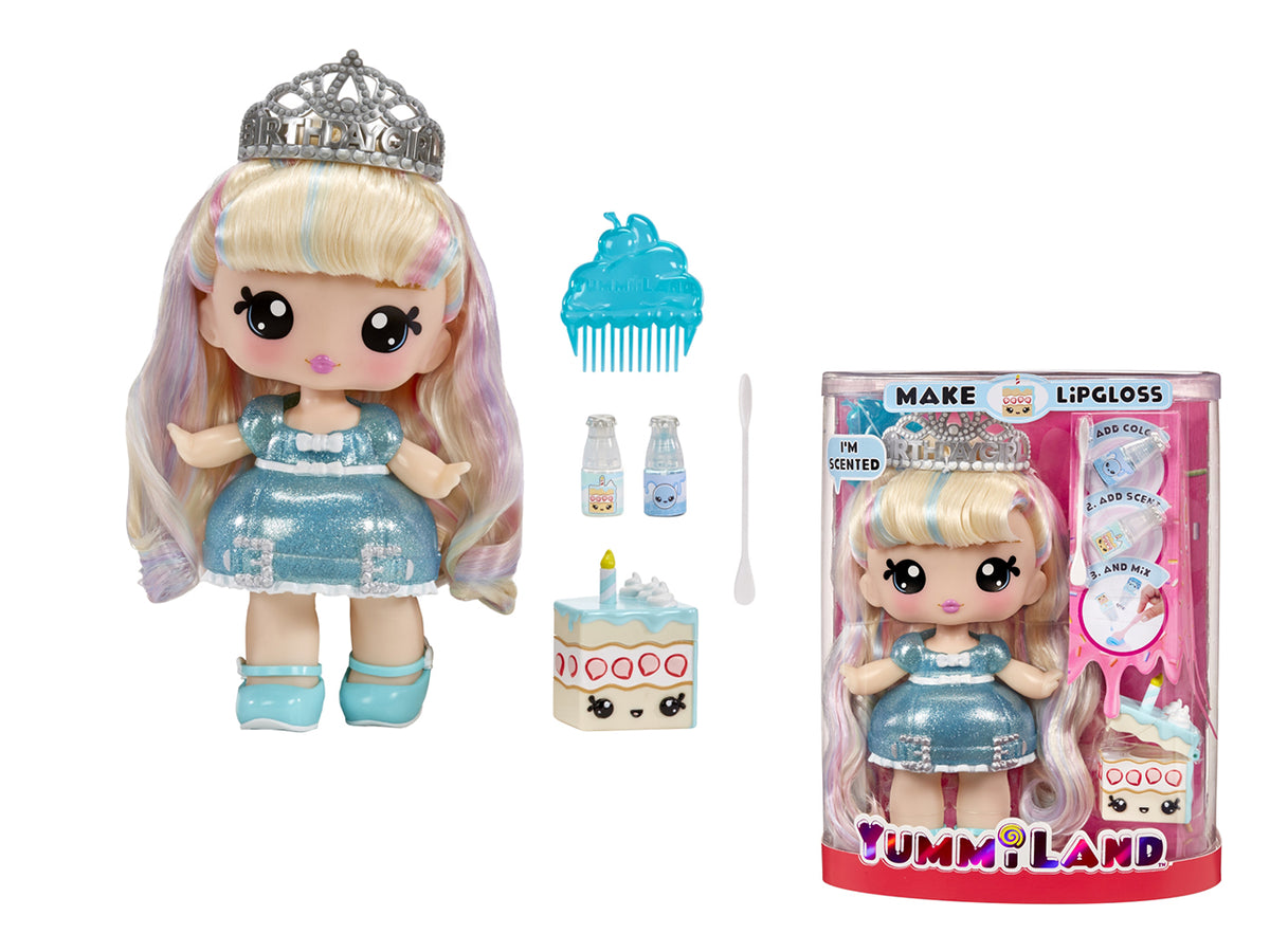 Yummiland Large Doll + Lipgloss Pet - Callie Birthday Cake: Bambola Bianco-Azzurro con Lucidalabbra Personalizzabile, Pettine e Accessori, Gioco Unisex per Bambini 4+ | MGA Entertainment