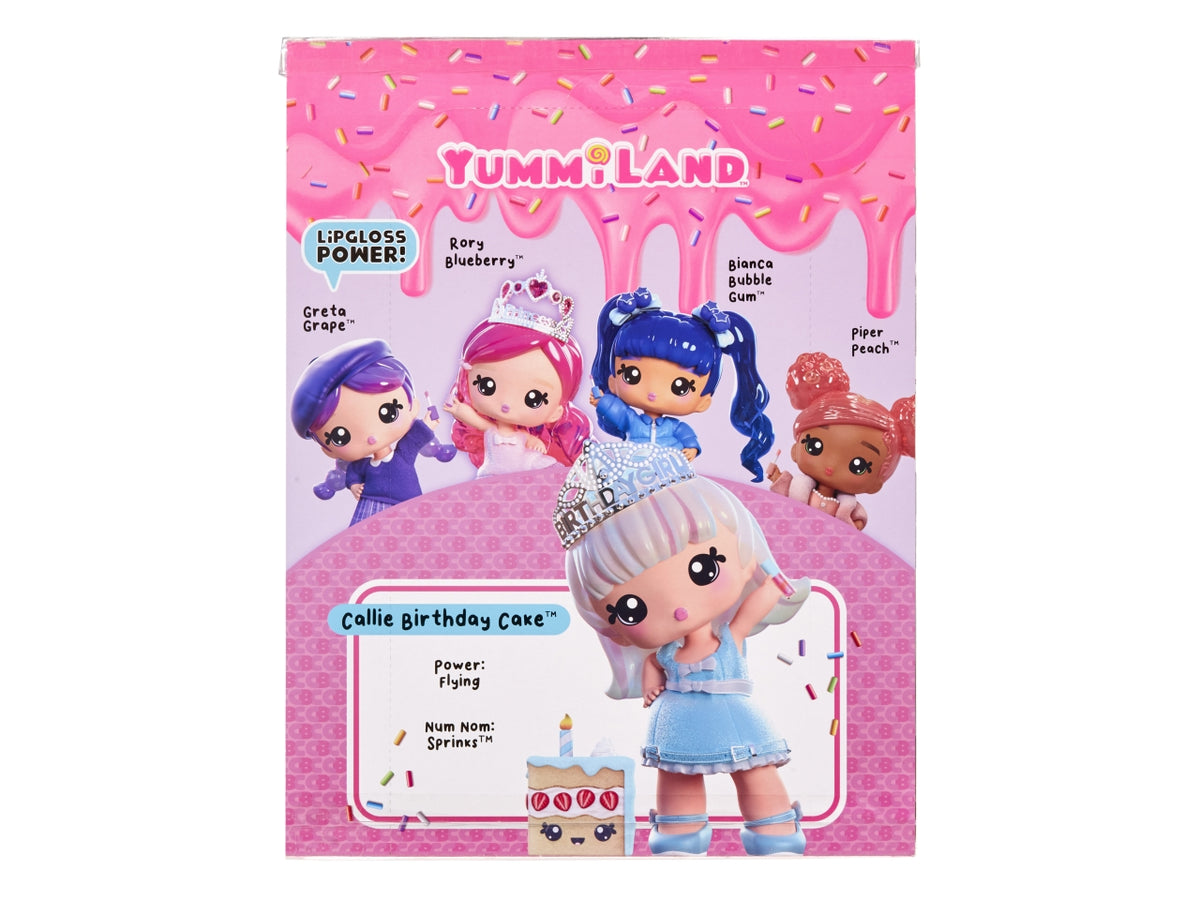 Yummiland Large Doll + Lipgloss Pet - Callie Birthday Cake: Bambola Bianco-Azzurro con Lucidalabbra Personalizzabile, Pettine e Accessori, Gioco Unisex per Bambini 4+ | MGA Entertainment