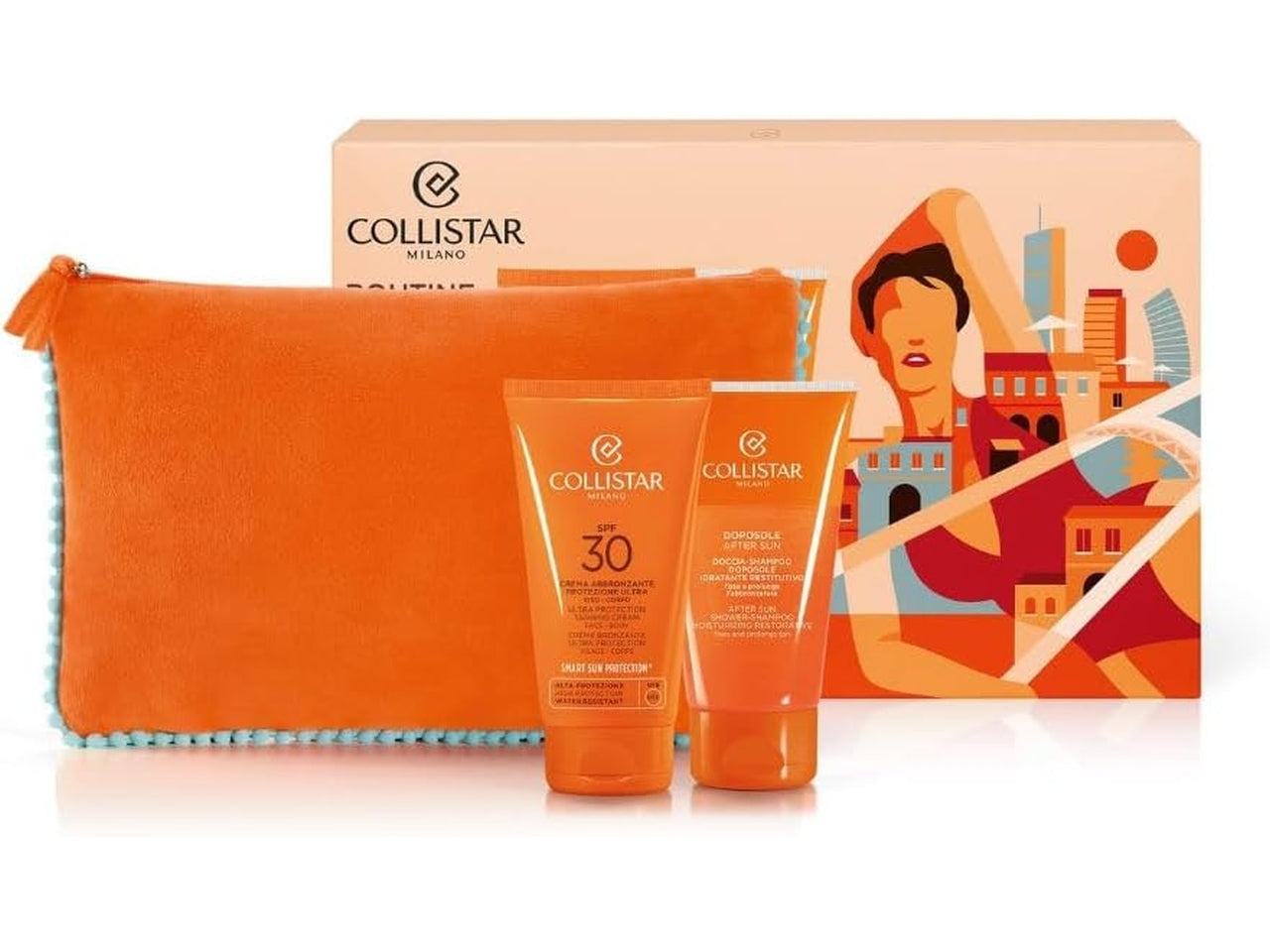 Collistar kit solare, pochette con crema abbronzante viso corpo Spf 30+ e doccia shampoo doposole 150 ml
