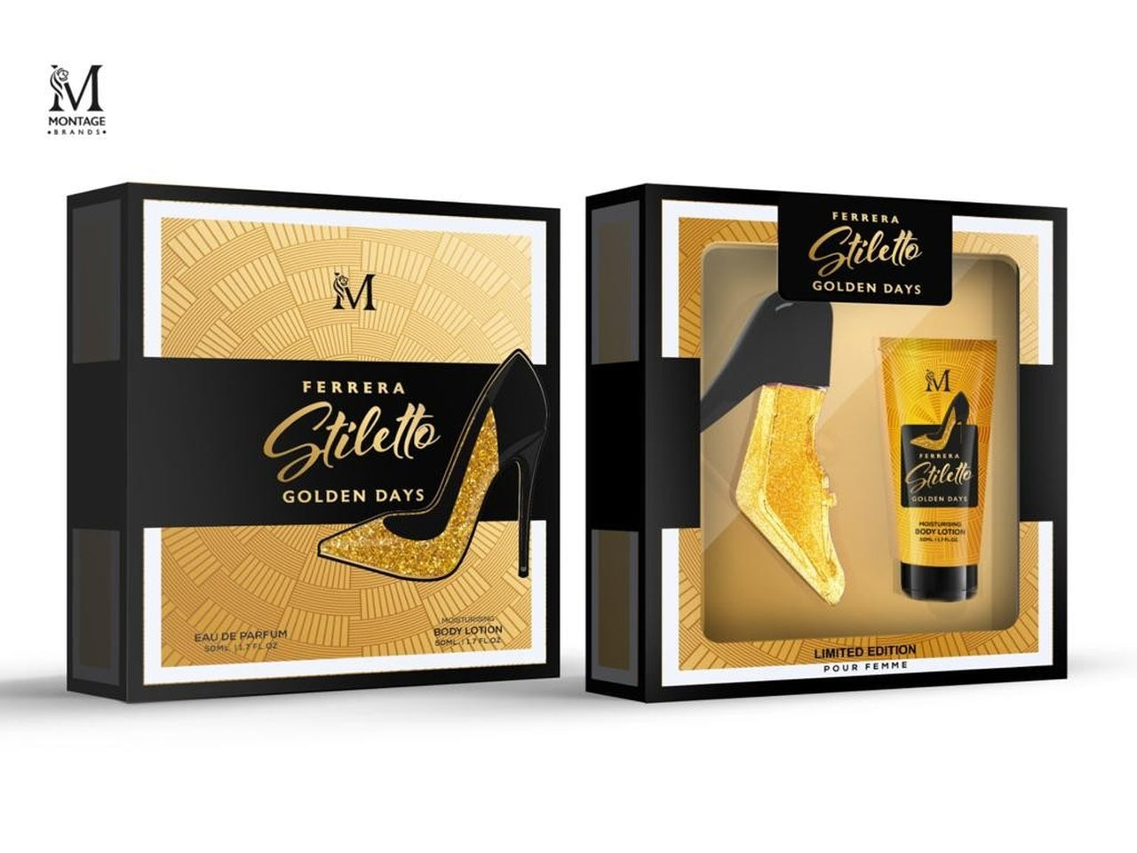 Montage ferrera stiletto golden days edp 50ml + body lotion 50ml, Tipologia prodotto: eau de parfum e body lotion | Montage Ferrara