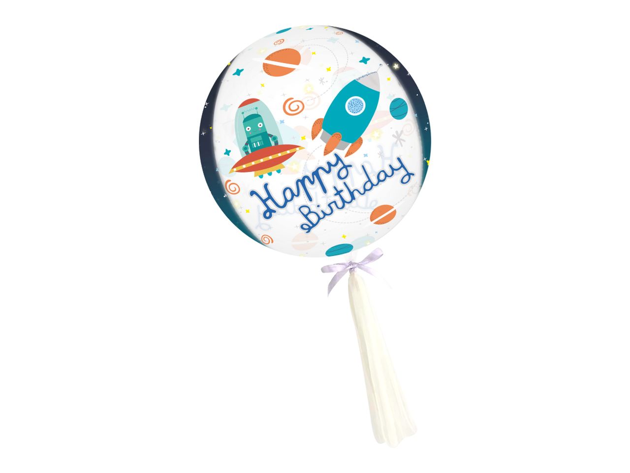 Palloncino trasparente space happy birthday misura gonfio d.60cm anche per elio