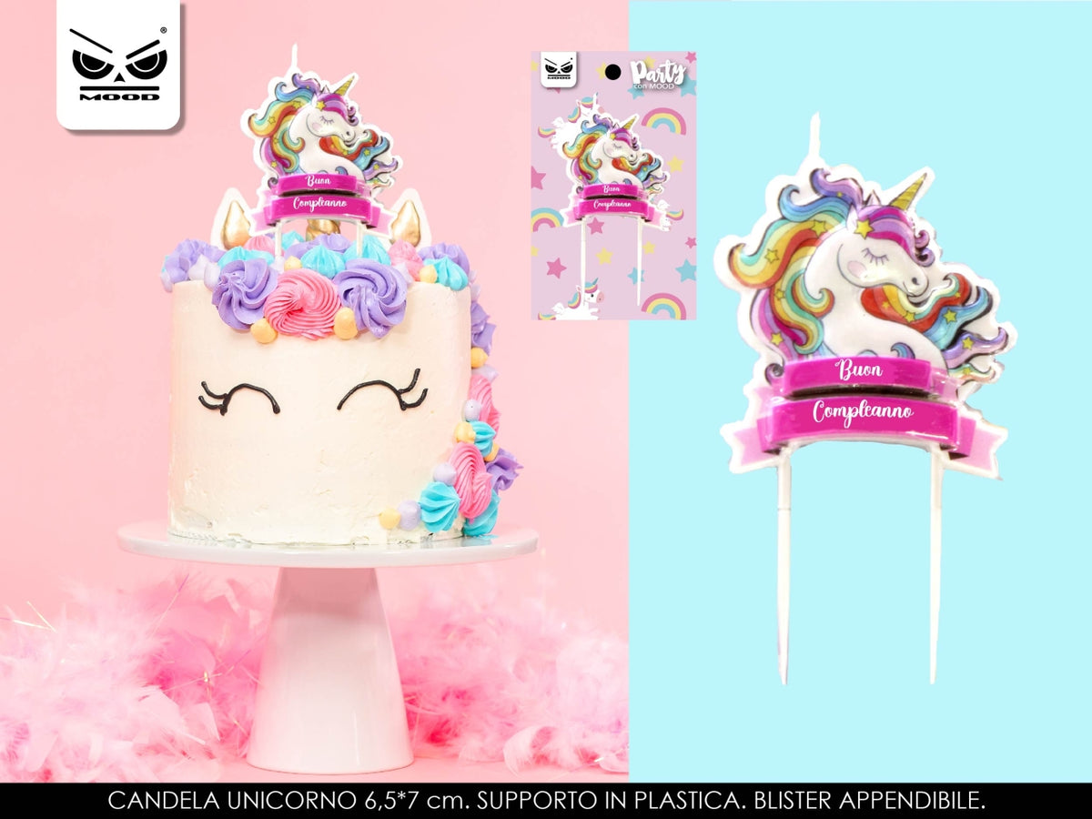 Candela unicorno con scritta buon compleanno