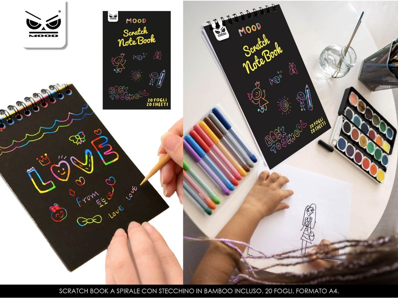 Rainbow scratch notes album con 10 fogli A4 neri da grattare con una matita in legno, ideale per disegnare - 28x21 cm - Mood
