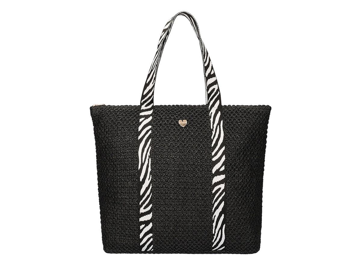 Borsa mare crochet in carta nera animalier con manico zebrato 52x41x15 cm - Hat You $ $
