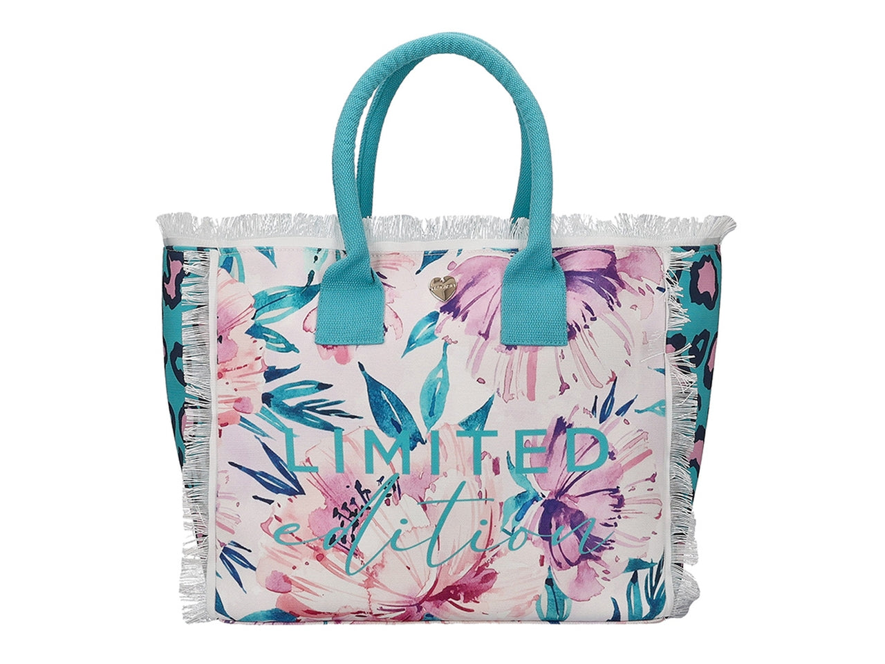 Borsa estiva con frange ed effetto patchwork 36x31x18cm acqua $
