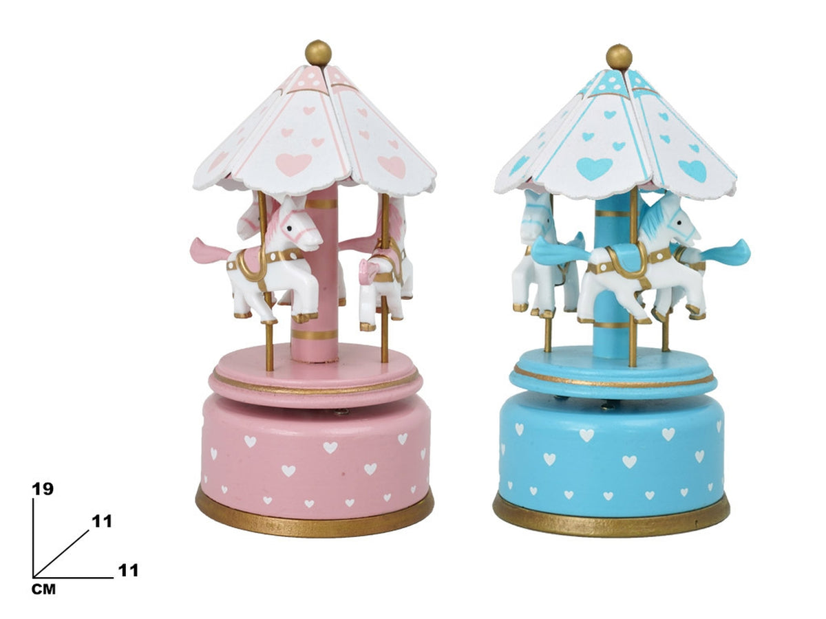 Carillon giostrina bomboniera nascita rosa e celeste in legno 8,5x16,5 cm
