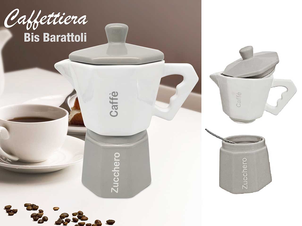 Barattolo decorativo caffettiera in ceramica bianco e grigio impilabile con chiusura ermetica 20x12x24,5 cm - Giardini di Marzo