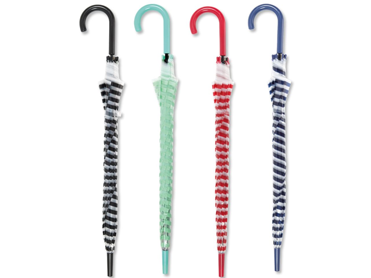 Ombrello lungo, apertura automatica, con aste in fibra, assortito in 4 varianti trasparente con righe colorate, impugnatura in tinta