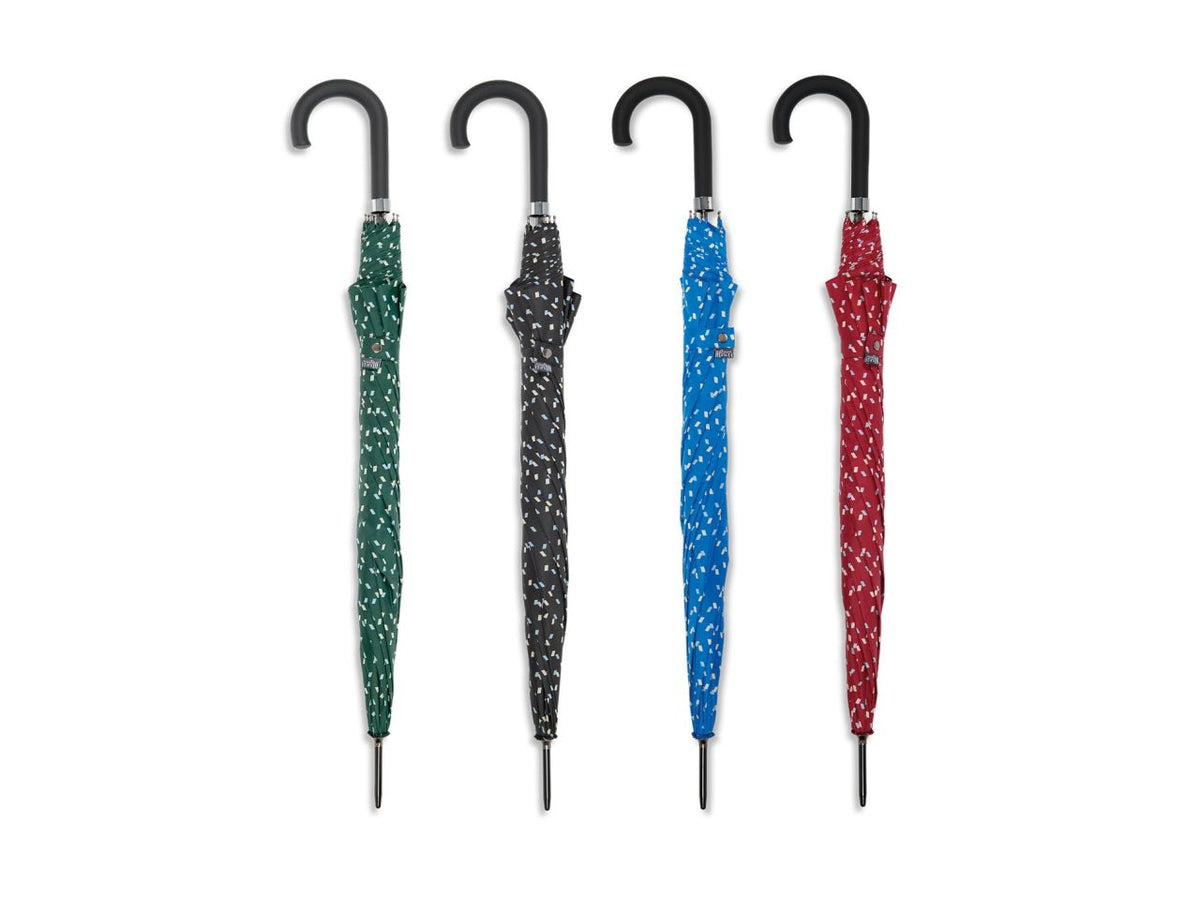 Ombrello lungo, apertura automatica, aste e struttura in fibra, tessuto pongee in fantasia unisex assortita, impugnatura nera con inserto in canna di fucile