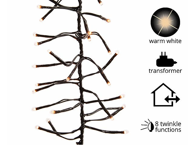 Catena di luci 2040 cluster grappolo bianco caldo 8 funzioni 19mt con filo nero per uso interno/esterno