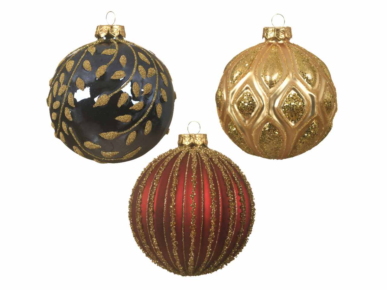 Sfere in vetro opaco e lucido d.10cm nei colori blu notte, rosso e oro
