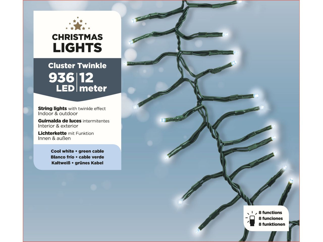 Luci natalizie led a grappolo con 8 funzioni effetto scintillio ad uso esterno colore verde bianco freddo misura lun.1500cm misura del led 3mm numero di led 1190