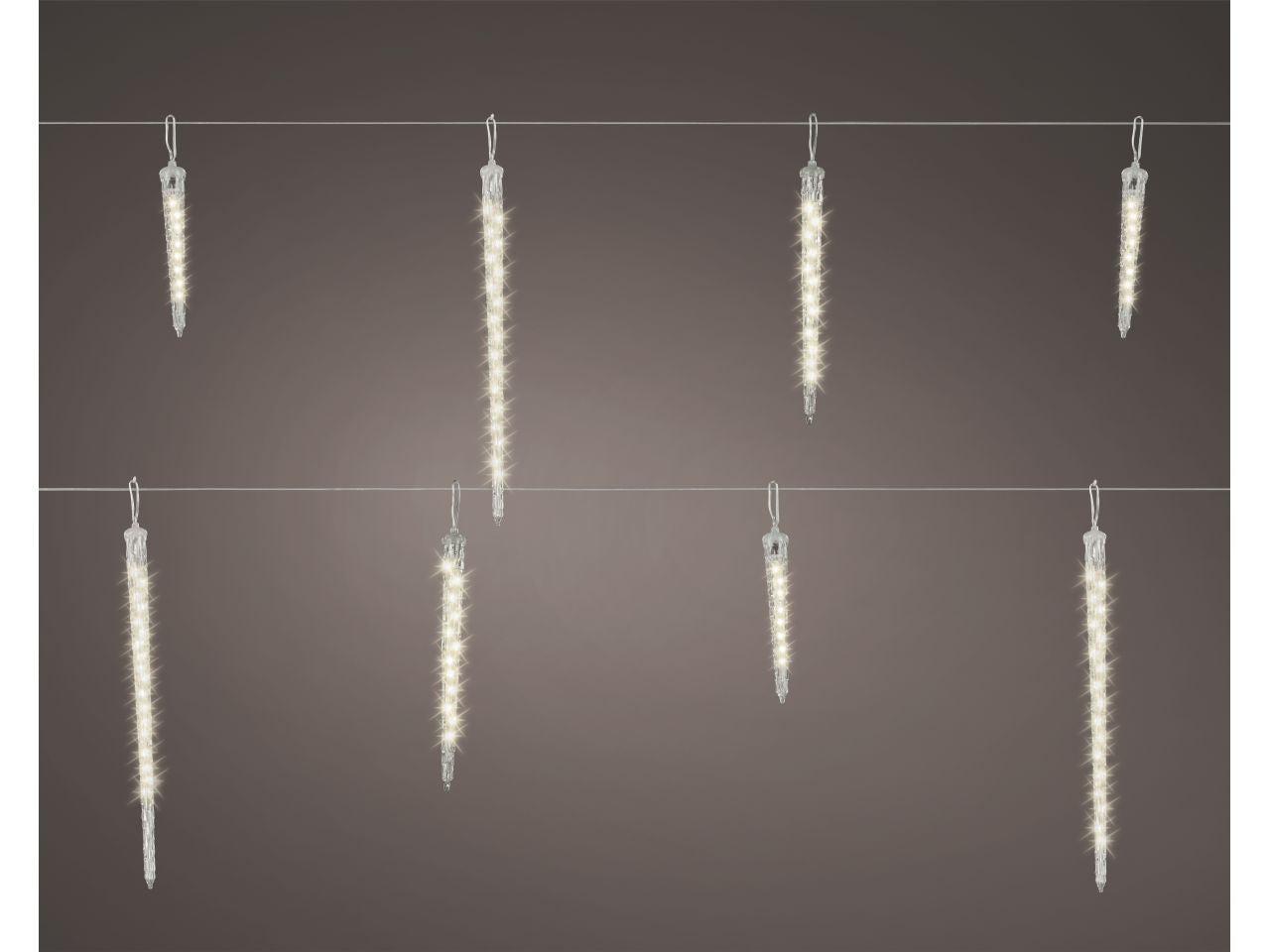 Luci natalizie led a ghiacciolo per uso esterno colore trasparente bianco caldo misura lun.250cm misura del led 3mm numero di led 76