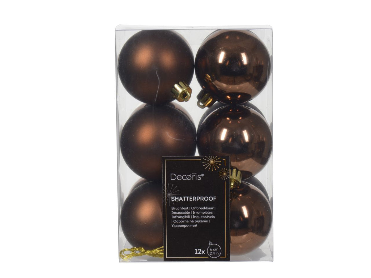 Palla di Natale 6cm in confezione da 12 pezzi marrone lucio e opaco