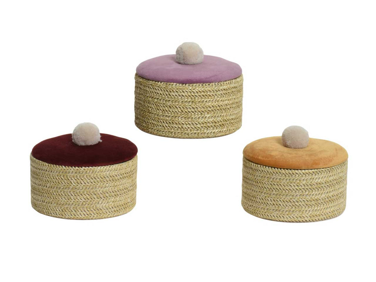 Portagioie in velluto e paglia, etnico con coperchio e ponpom - disponibile in 3 colori assortiti - h.10xd.13,5cm - Kaemingk