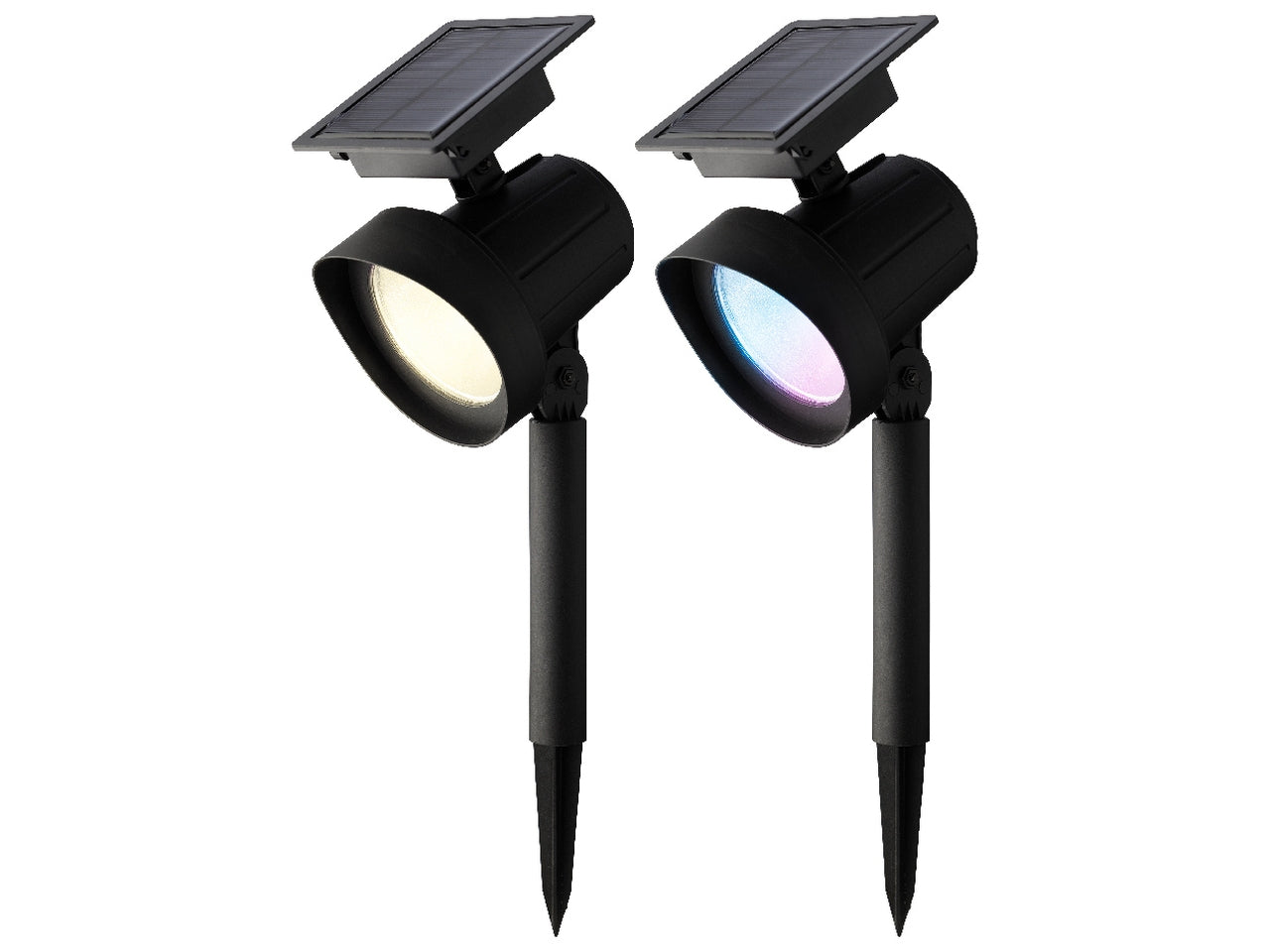 Set da 2 faretti solari da giardino neri in plastica con luce bianco caldo e cambio colore RGB, autonomia 6 ore - 11x31,5cm - Kaemingk $