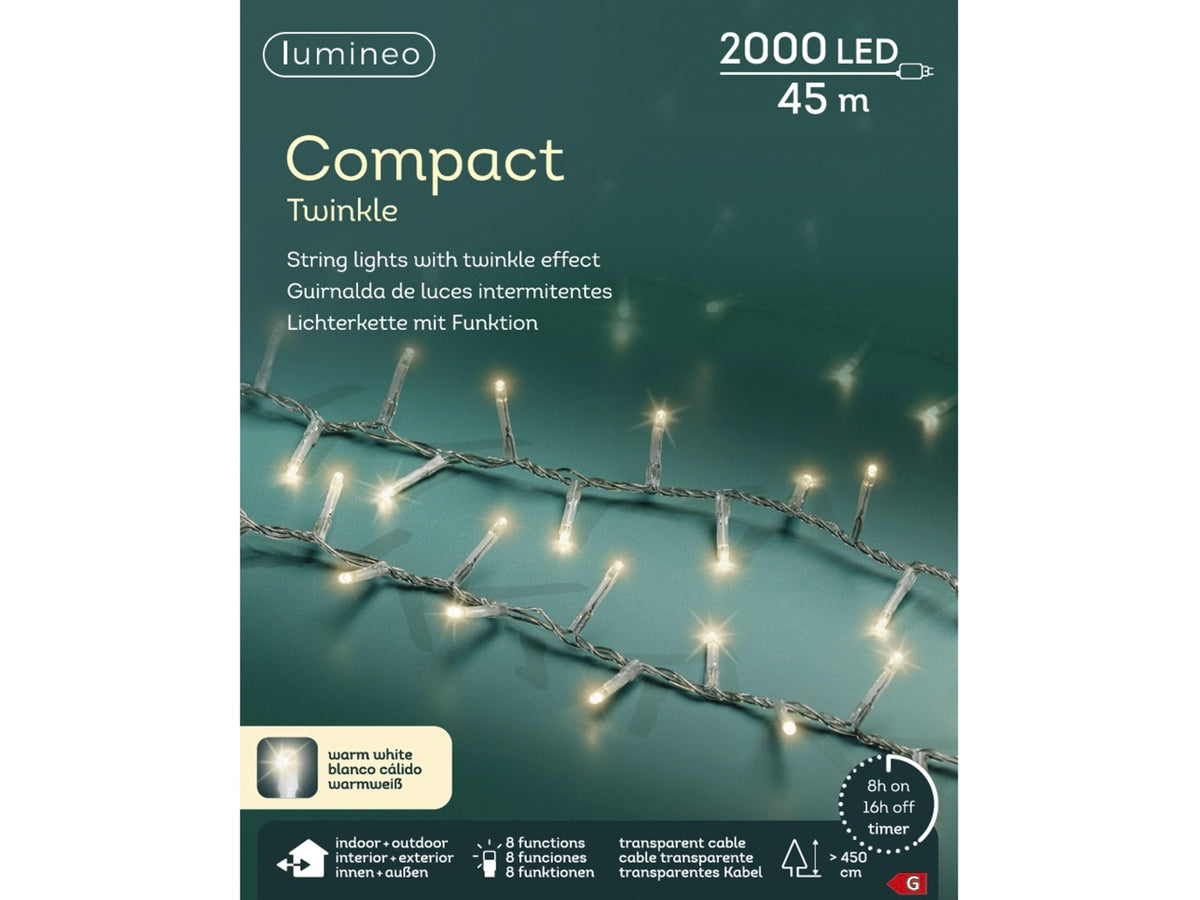Catena luci 2000led bianco caldo 8 funzioni 45mt filo trasparente per uso interno/esterno