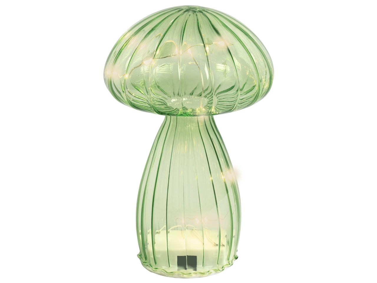 Fungo di vetro decorativo d.11x16,5cm con microled a batteria verde