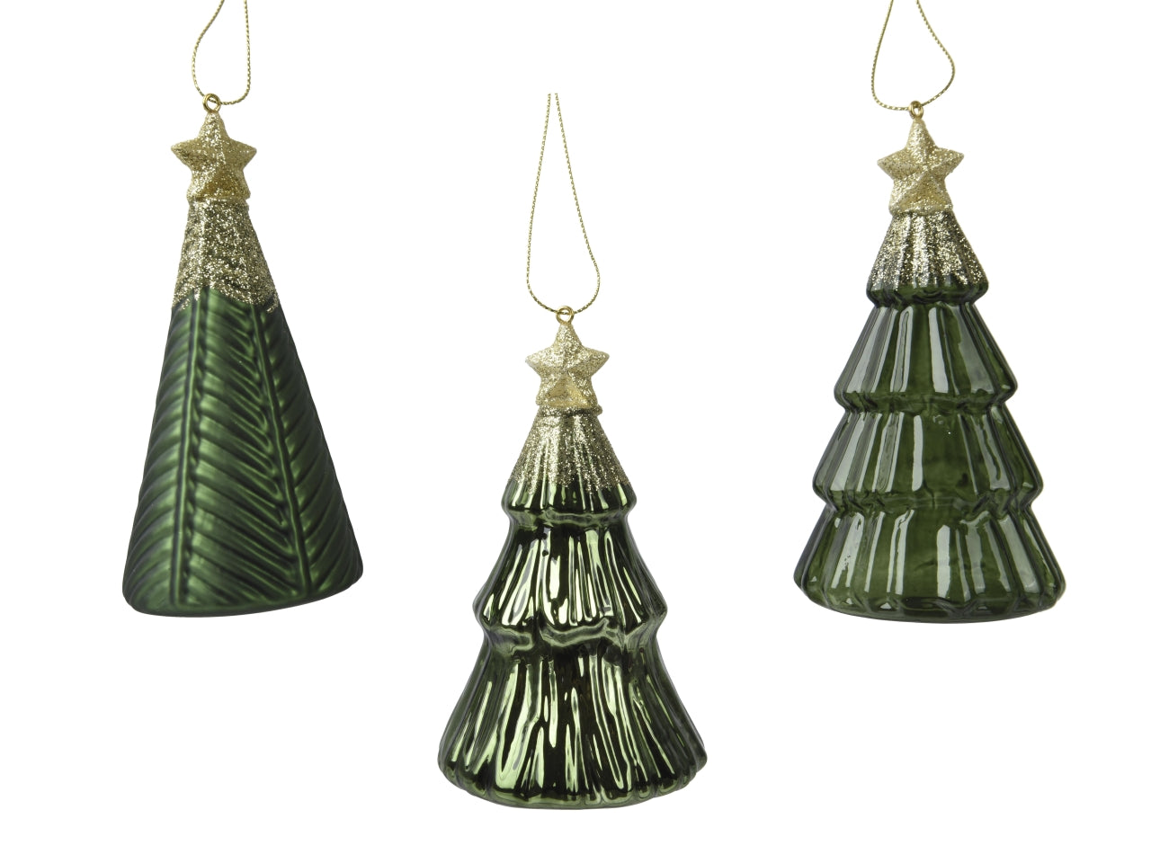 Pendente albero di vetro 12,6cm con stella in cima, glitterato oro, verde in 3 assortimenti