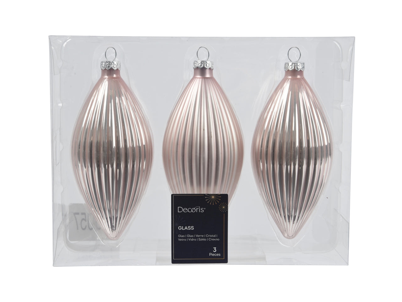Pendente di vetro rosa opaco e lucido a forma di oliva d.6xh.13 cm, set da 3 pezzi - Decoris