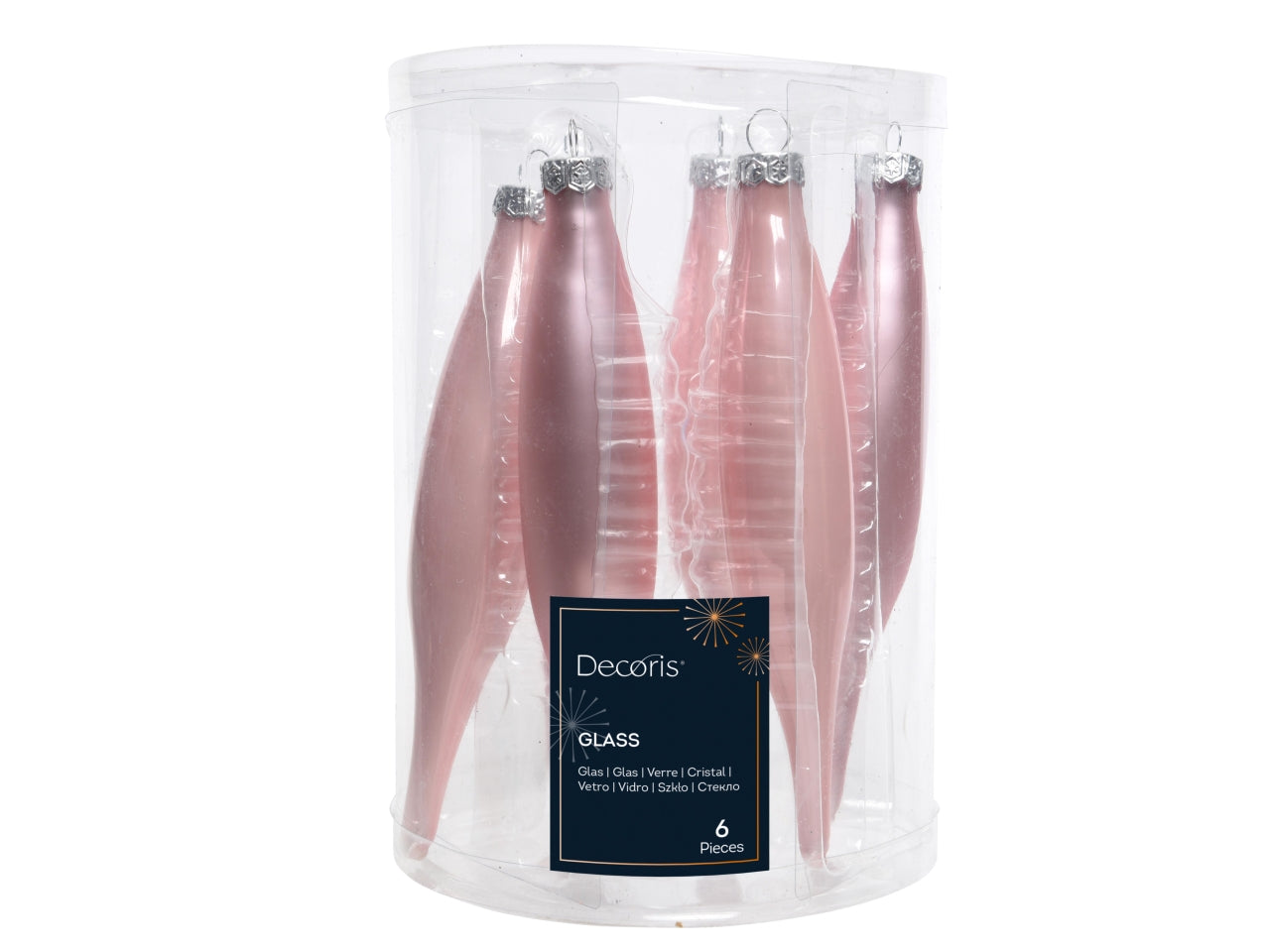 Pendente di vetro rosa opaco e lucido a forma di ghiacciolo d.3xh.15 cm, set da 6 pezzi - Decoris
